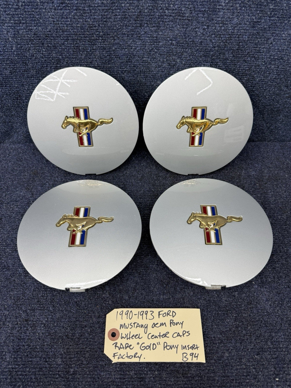 1991-93 FORD MUSTANG CENTER CAPS TRI-BAR PONY WHEELS OEM SET Gold Rare Factory