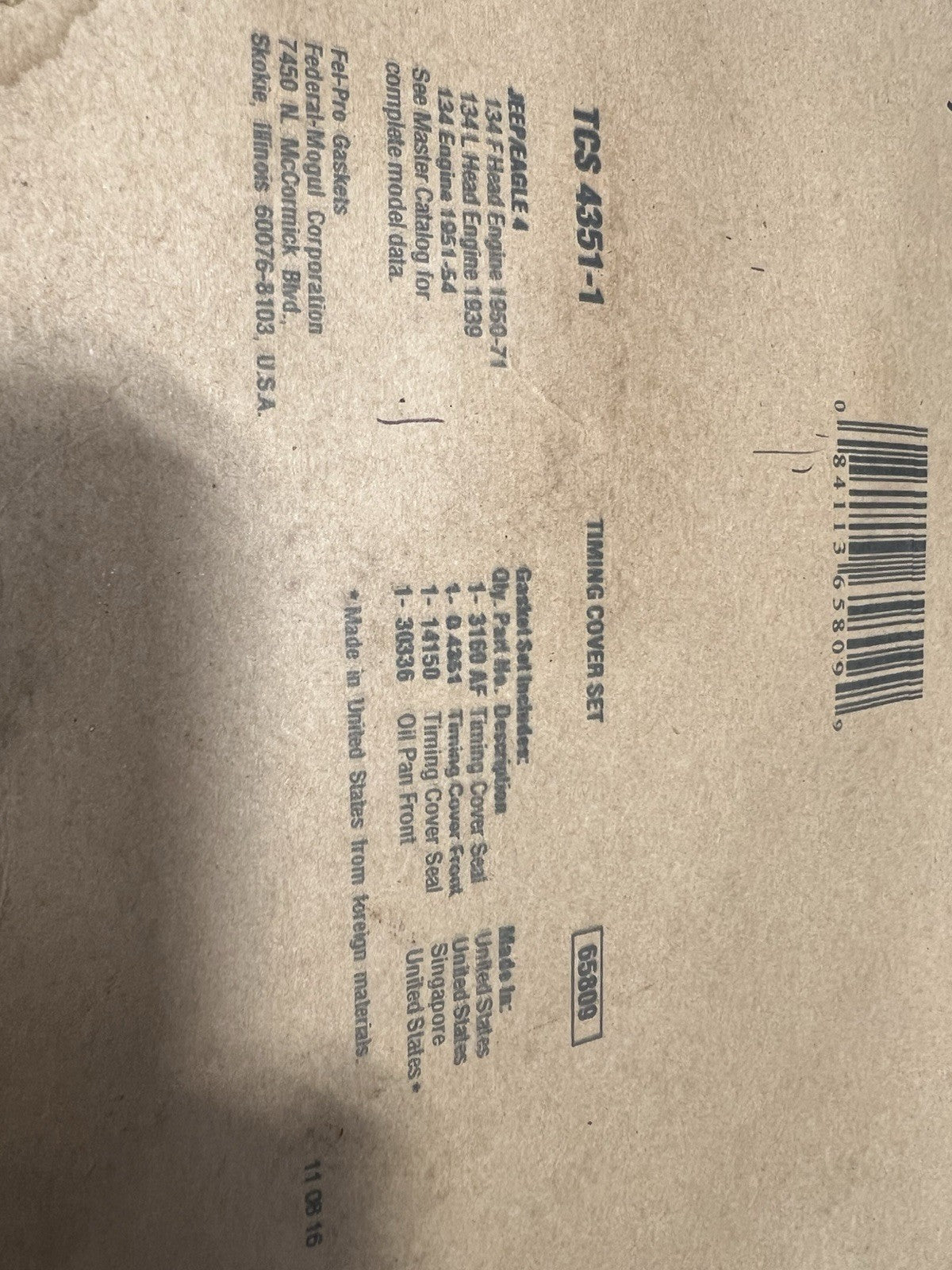 1952 Willys Jeep Gaskets Fel-pro Oil Pan Intake Exhaust Rear Main Valve Timing