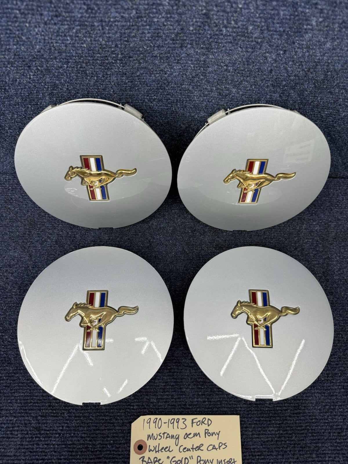 1991-93 FORD MUSTANG CENTER CAPS TRI-BAR PONY WHEELS OEM SET Gold Rare Factory