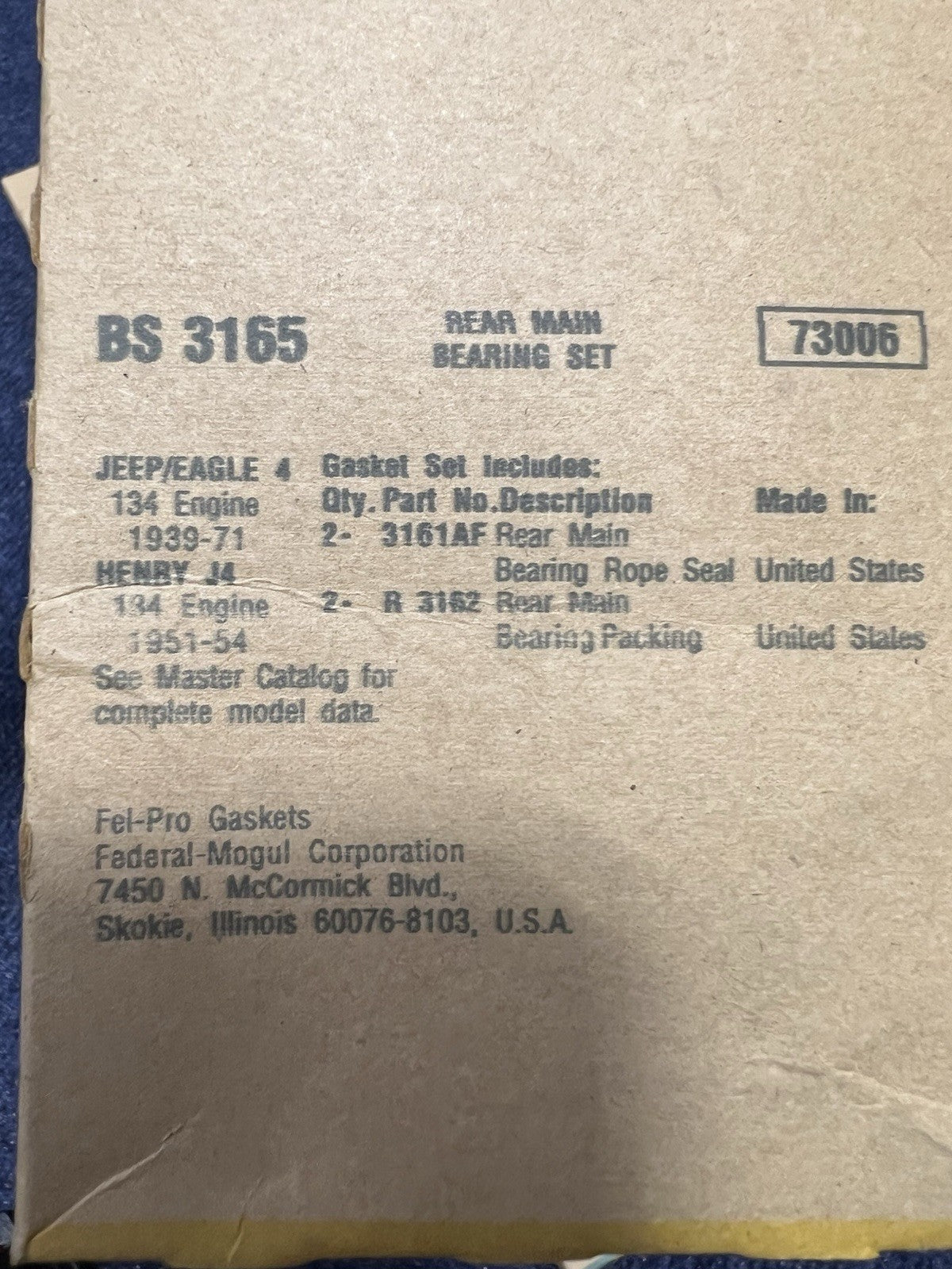 1952 Willys Jeep Gaskets Fel-pro Oil Pan Intake Exhaust Rear Main Valve Timing