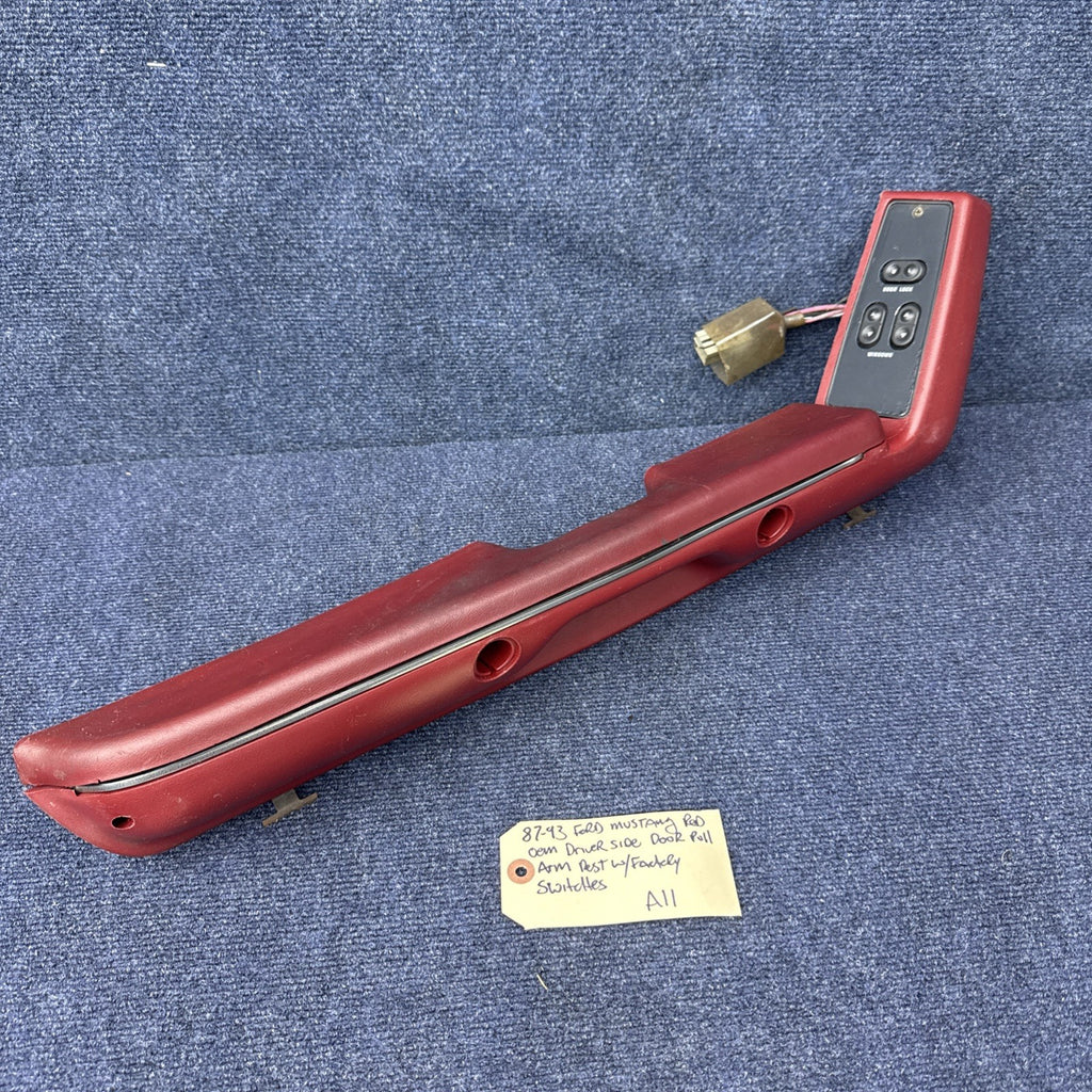 1987-1993 FORD MUSTANG RED DOOR ARMREST & Window Switch LEFT DRIVER PULL OEM Gt