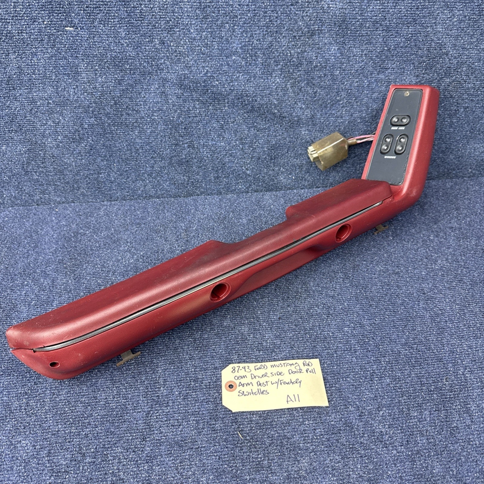 1987-1993 FORD MUSTANG RED DOOR ARMREST & Window Switch LEFT DRIVER PULL OEM Gt