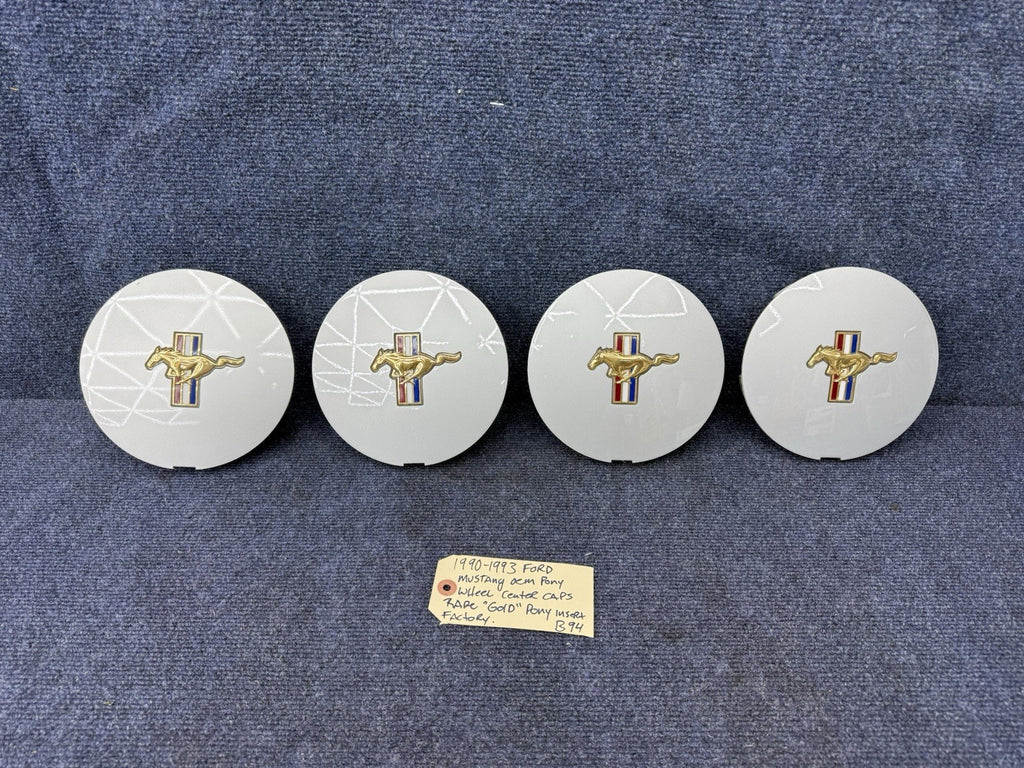 1991-93 FORD MUSTANG CENTER CAPS TRI-BAR PONY WHEELS OEM SET Gold Rare Factory