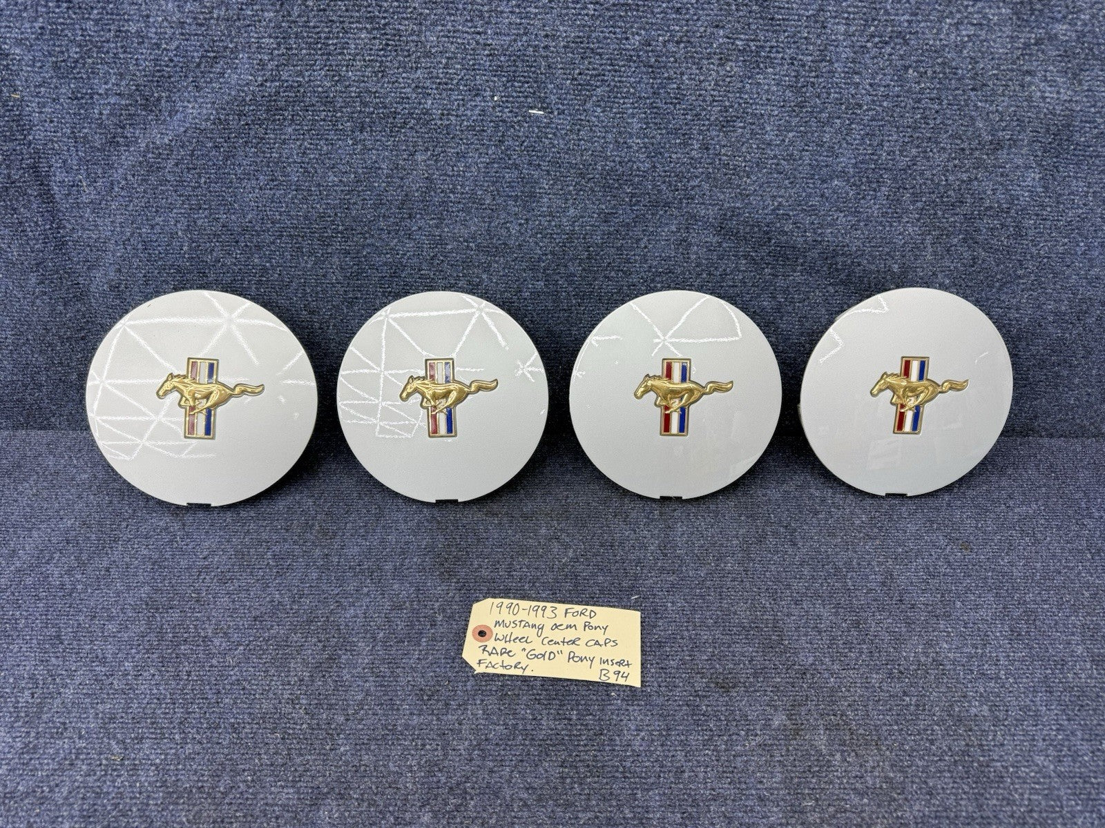 1991-93 FORD MUSTANG CENTER CAPS TRI-BAR PONY WHEELS OEM SET Gold Rare Factory